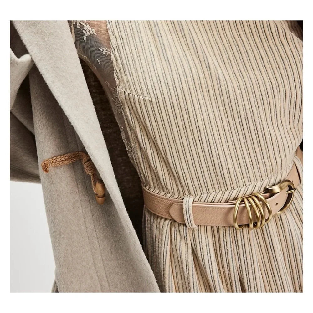 Free People Pale Nude Leather Belt with Stacked Antique Gold Rings